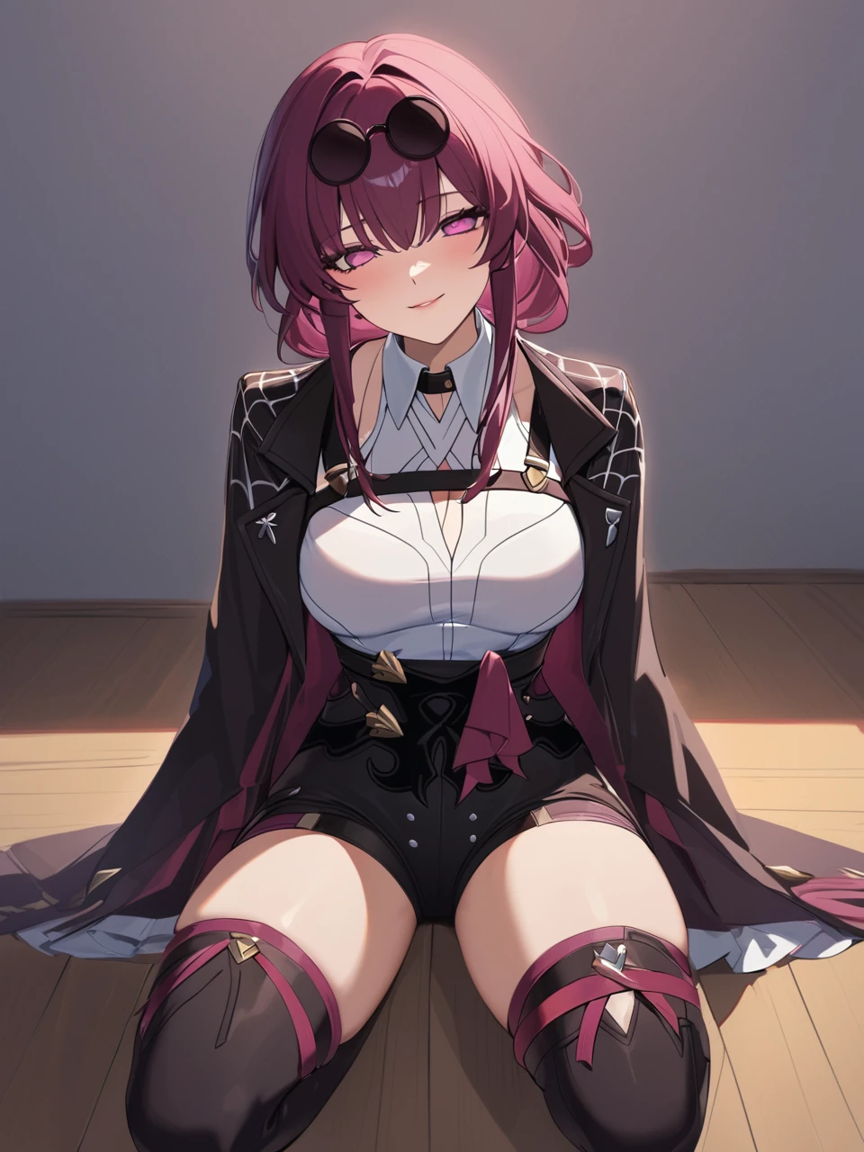 1girl,,kafka_(honkai:_star_rail),highres,1girl,kneeling,kneeling on one knee,on one knee,cowboy shot,looking at viewer,,masterpiece,best quality,absurdres,newest,<lora:kafka_1k:1>