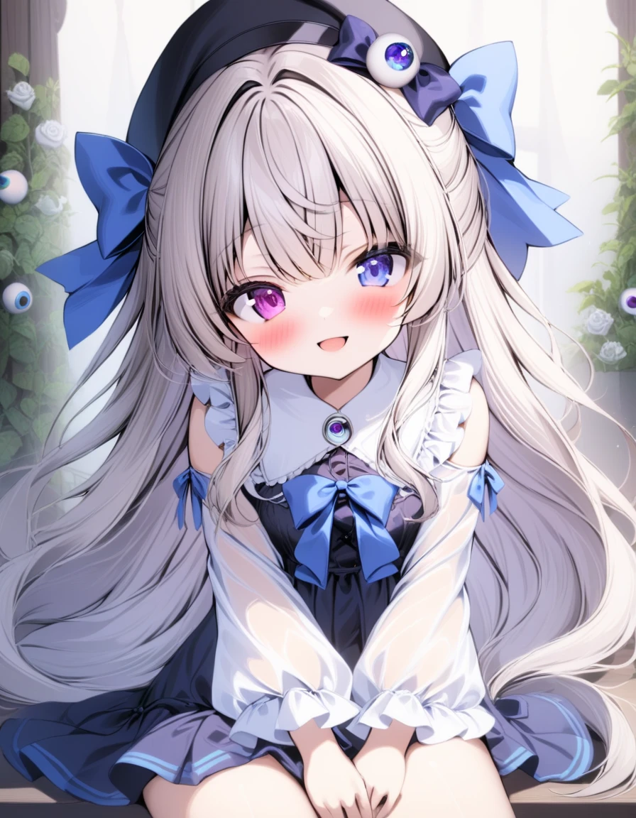 1girl,shirin,black_headwear,blouse,bow,eyeball,flower,frilled_shirt_collar,frilled_sleeves,frills,hat,hat_bow,hat_ribbon,heart,ribbon,rose,shirt,sitting,solo,third_eye,very long hair,purple eyes,heterochromia,blue eyes,blush,smile,hair bow,blue bow,detailed eyes,detailed face,masterpiece,<lora:Anime_Enhancer_XL:1>,<lora:Shirin-raw-v1:1>,