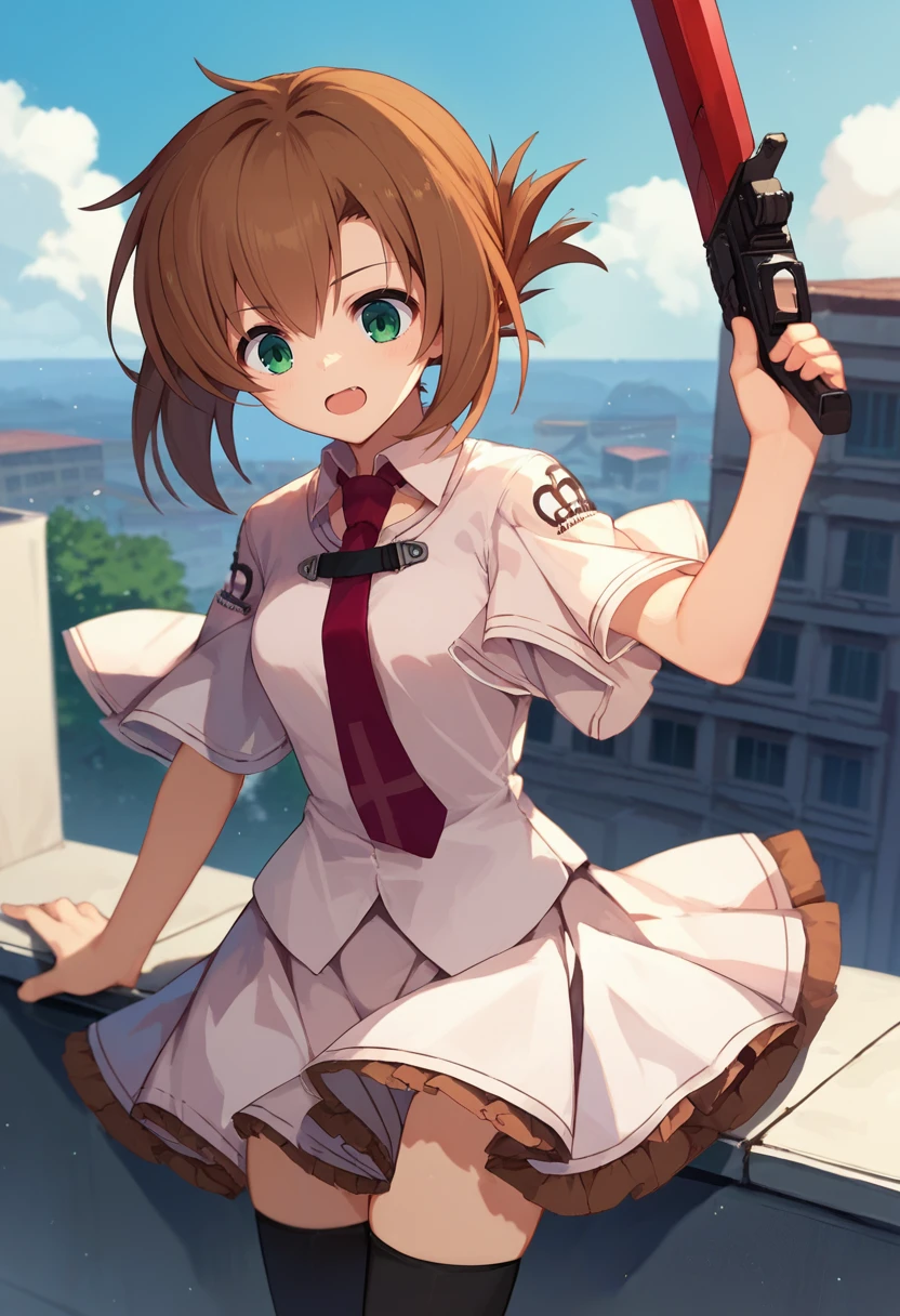 score_9, score_8_up, score_7_up, source_anime,  tachibana kimika, brown hair, short hair, green eyes, red necktie, white shirt, white skirt, short sleeves, thighhighs, holding weapon, rooftop,   <lora:Kimika3-000010:1>