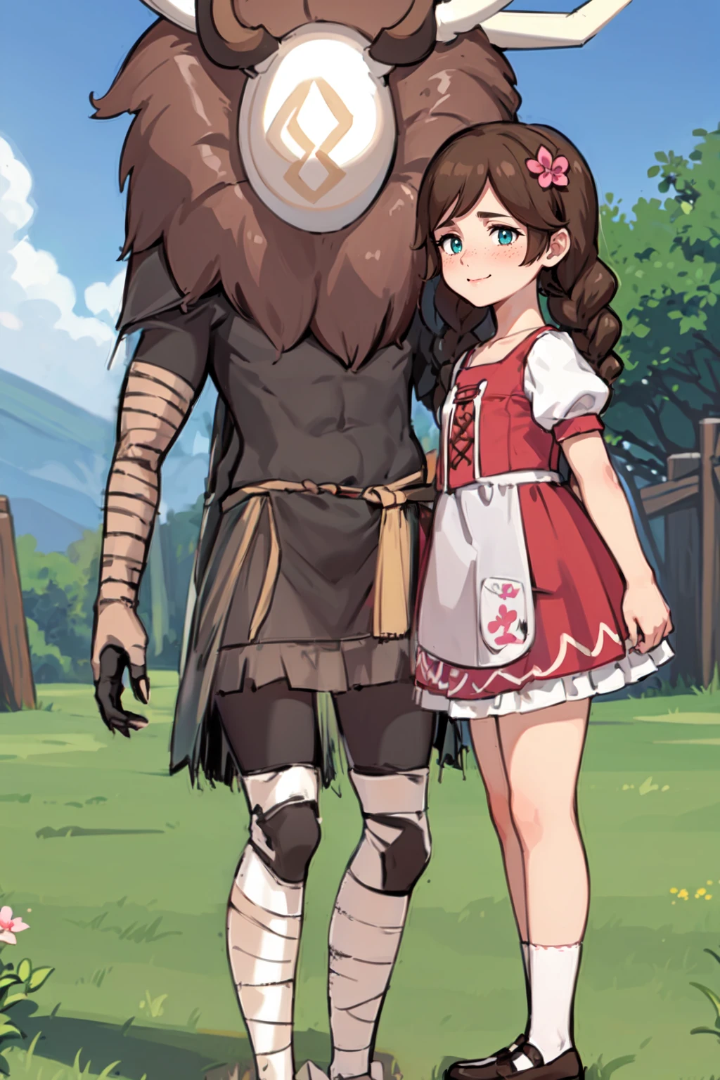 score_9, score_8_up, score_7_up, score_6_up, score_5_up, source_anime BREAK
<lora:Genshin_NPC_EllaMusk_Pony_v1:0.75>, 1girl, 1boy, full body, grassy field, running, (hilichurl:1.5), holding hands, teal eyes, brown hair, swept bangs, twin braids, (hair flower, hair ornament:1), collarbone, pink dress, flower pattern, short sleeves, white sleeves, (white apron:1.1), puffy sleeves, white socks, bobby socks, brown footwear, (mary janes:1.5), (freckles on cheeks and nose:1.3), (tareme:1.5), expressionless, from side,