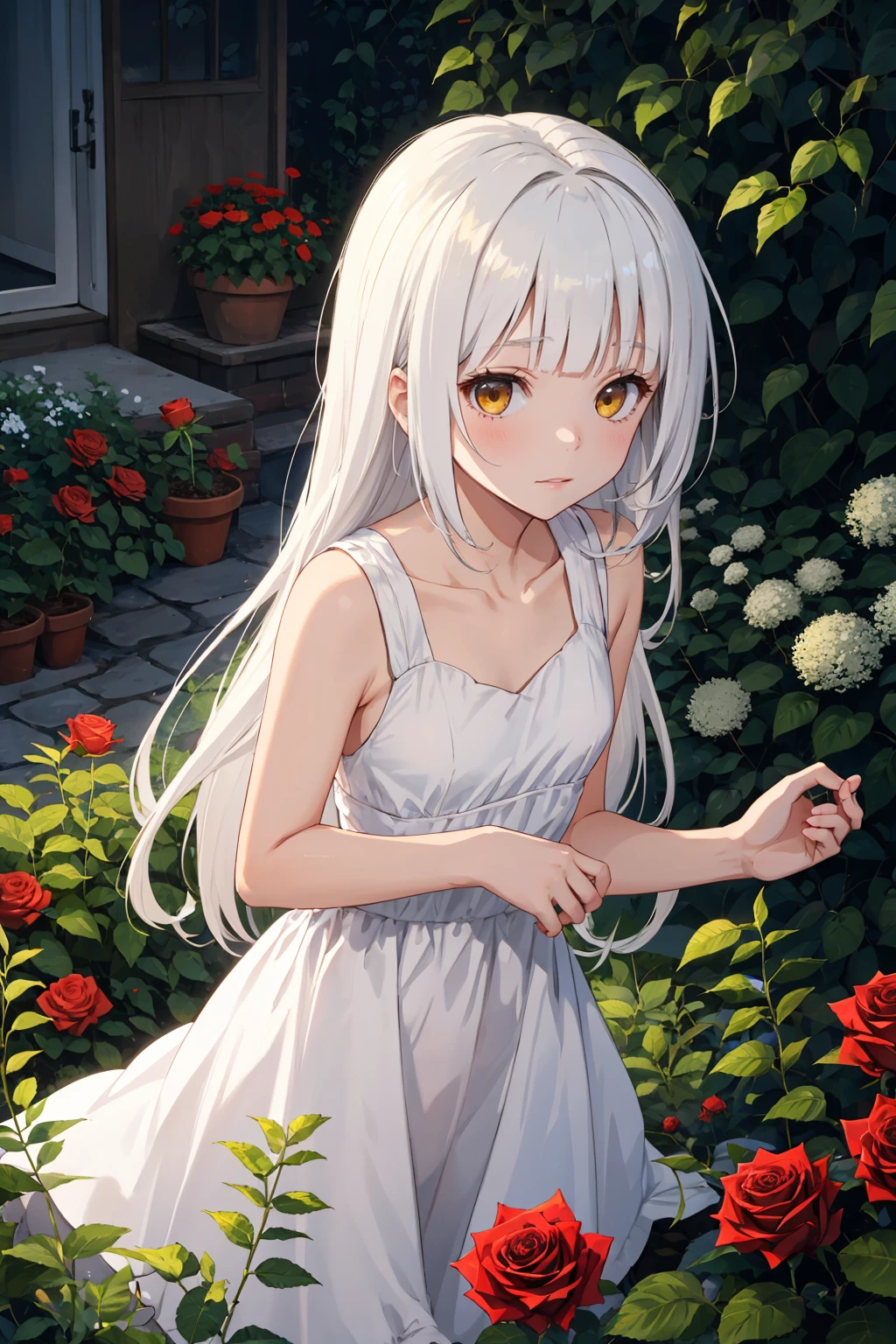 1girl, hazel yellow eyes, white hair, long hair, hime cut, blunt bangs, small breast, white sleeveless dress, ambient lighting, garden, roses, sunlight, day