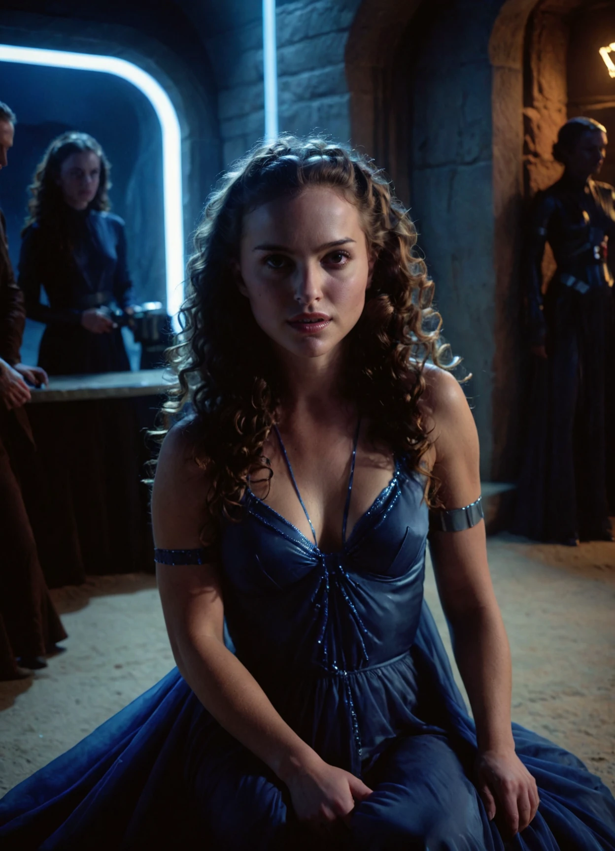 high resolution photo face close-up of p4dme woman sitting in a star wars cantina,looking at camera,long wavy hair, blue night garb,full body shot,depth of field,volumetric lighting,sunrise,(surreal dramatic lighting shadow)