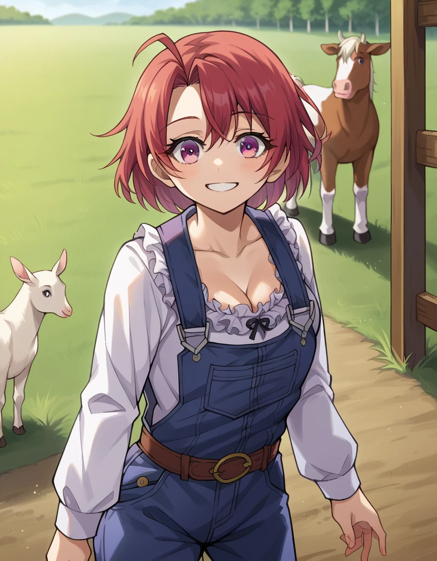 score_9, score_8_up, score_7_up, source_anime,
cowgirl, <lora:cow-girl-ponyxl-lora-nochekaiser:1>,
cow girl, ahoge, red hair, purple eyes, short hair, smile,
cleavage, collarbone, frills, long sleeves, overalls, suspenders,
outdoors, farm, cows, chickens, goats, horse,
looking at viewer, cowboy shot, dynamic pose,
