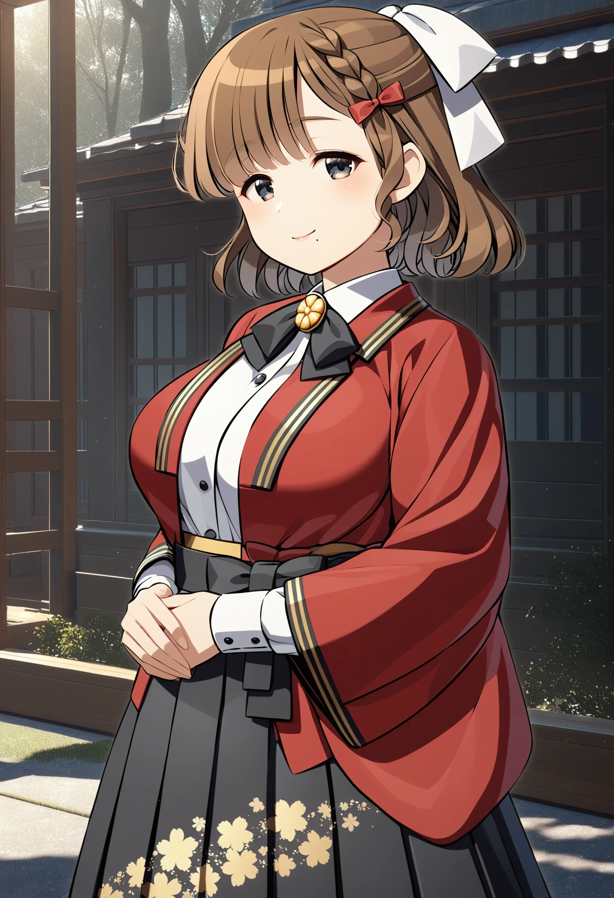 1girl, asahikc, (yuzu modoki), brown hair, black eyes, mole under mouth, hair bow, red bow, french braid, half updo, hair ribbon, white ribbon, black bowtie, white collared shirt, long sleeves, wide sleeves, high-waist skirt, black skirt, pleated skirt, (floral print), cowboy shot, large breasts, black ribbon, red jacket, open jacket, own hands together, natural lighting, (masterpiece, best quality), outdoors, detailed scenery, (3d render:0.2), highly detailed, finely detailed, closed mouth, light smile, <lora:asahi_animaginexl_3-09:0.9>