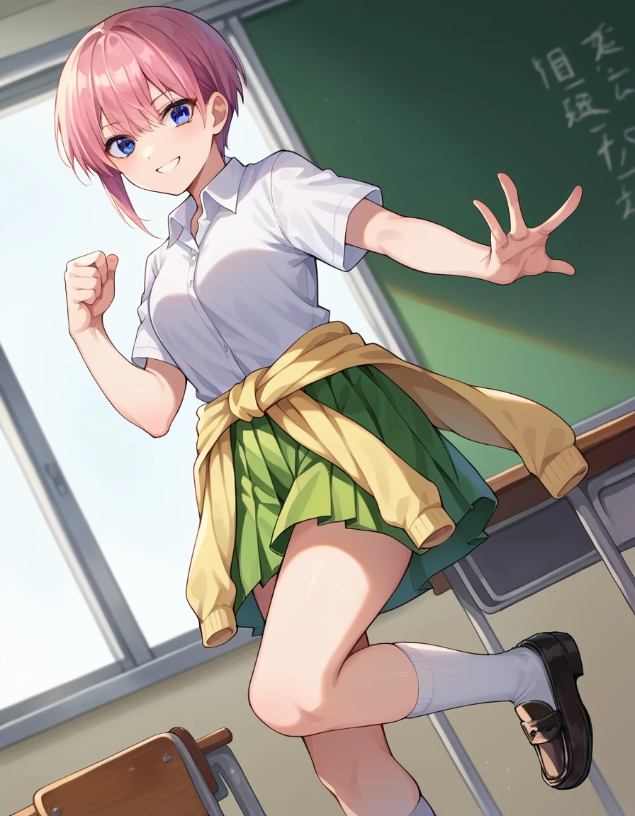 score_9, score_8_up, score_7_up, source_anime,
ichikanakano, <lora:ichika-nakano-pruned-ponyxl-lora-nochekaiser:1>, 
ichika nakano, short hair, bangs, blue eyes, hair between eyes, pink hair, pixie cut, smile,
skirt, shirt, school uniform, white shirt, short sleeves, pleated skirt, shoes, socks, collared shirt, black footwear, sweater, white socks, green skirt, loafers, clothes around waist,
indoors, classroom, 
looking at viewer, cowboy shot, dynamic pose, dutch angle,