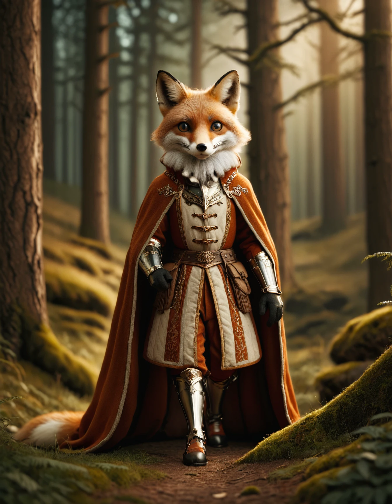 glamour shot of a fox in a majestic forest, zavy-lndskncht, masterpiece, award-winning, professional, highly detailed, atmospheric lighting, low key lighting, 100mm f/2.8 macro lens, fabric