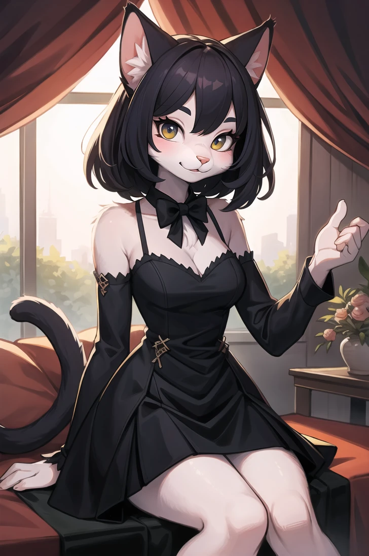 1girl, looking at viewer, (hi res), ((masterpiece)) , ((best quality)), illustration, feline, cat, furry female, mammal, anthro, dress