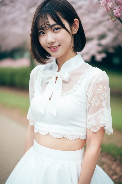 1girl,(RAW photo, best quality), (realistic, photo-realistic:1.4), masterpiece, an extremely delicate and beautiful, extremely detailed, 2k wallpaper, Amazing, finely detail, extremely detailed CG unity 8k wallpaper, ultra-detailed, highres, soft light, beautiful detailed girl, extremely detailed eyes and face, beautiful detailed nose, beautiful detailed eyes,cinematic lighting,perfect anatomy,slender body,
(wearing a white high collar avant garde outfit),white skirt(bokeh:1.2),
at a flower park,sakura flowers,flower garden,
<lora:minatomio_lora:0.8>,smiling