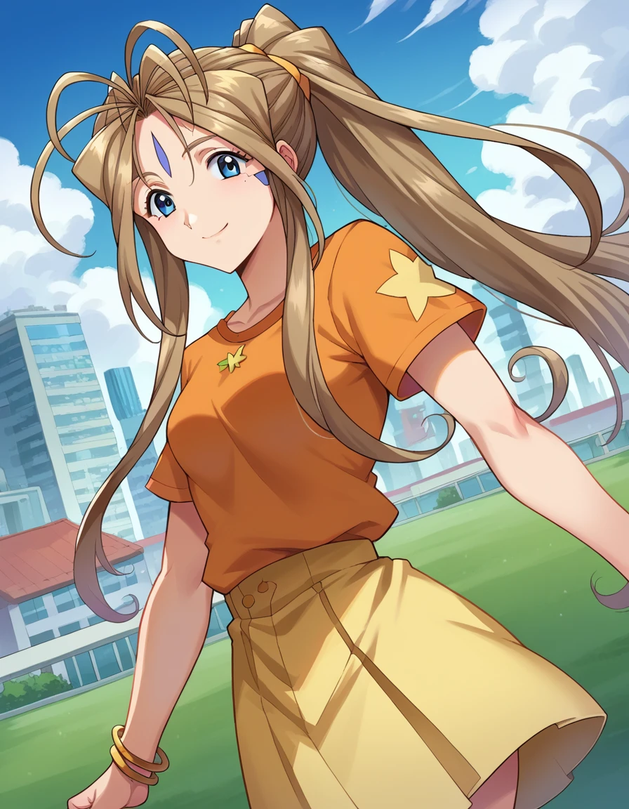 score_9, score_8_up, score_7_up, source_anime,
belldandy, <lora:belldandy-ponyxl-lora-nochekaiser:1>,
belldandy, long hair, blue eyes, brown hair, facial mark, forehead mark, smile,
shirt, orange shirt, short sleeves, belth, skirt, yellow skirt, bracelet,
outdoors, cityscape,
looking at viewer, cowboy shot, dynamic pose, dutch angle,