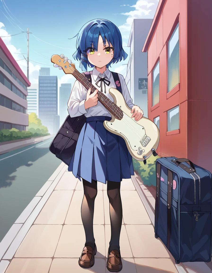 score_9, score_8_up, score_7_up, source_anime,
ryouyamada, <lora:ryou-yamada-ponyxl-lora-nochekaiser:1>,
ryou yamada, blue hair, eyes visible through hair, mole, mole under eye, short hair, yellow eyes, hairclips,
black pantyhose, black ribbon, blue skirt, brown footwear, loafers, long sleeves, pantyhose, ribbon, school uniform, shimokitazawa high school uniform, shirt, shoes, skirt, white shirt,
outdoors, cityscape, guitar, bass, guitar case,
looking at viewer, cowboy shot,