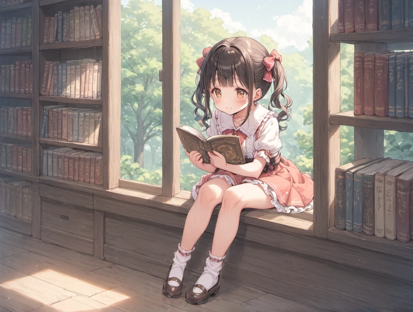 score_9, score_8_up, score_7_up,source_anime,BREAK rating_explicit,uncensored,1girl, brown hair,full body, standing, idol style, cute clothing, bright colors, playful patterns, ruffled skirts, knee-high socks, kawaii accessories, youthful designs,I'm sitting by the window in the library with the sun shining through the trees, quietly reading a book