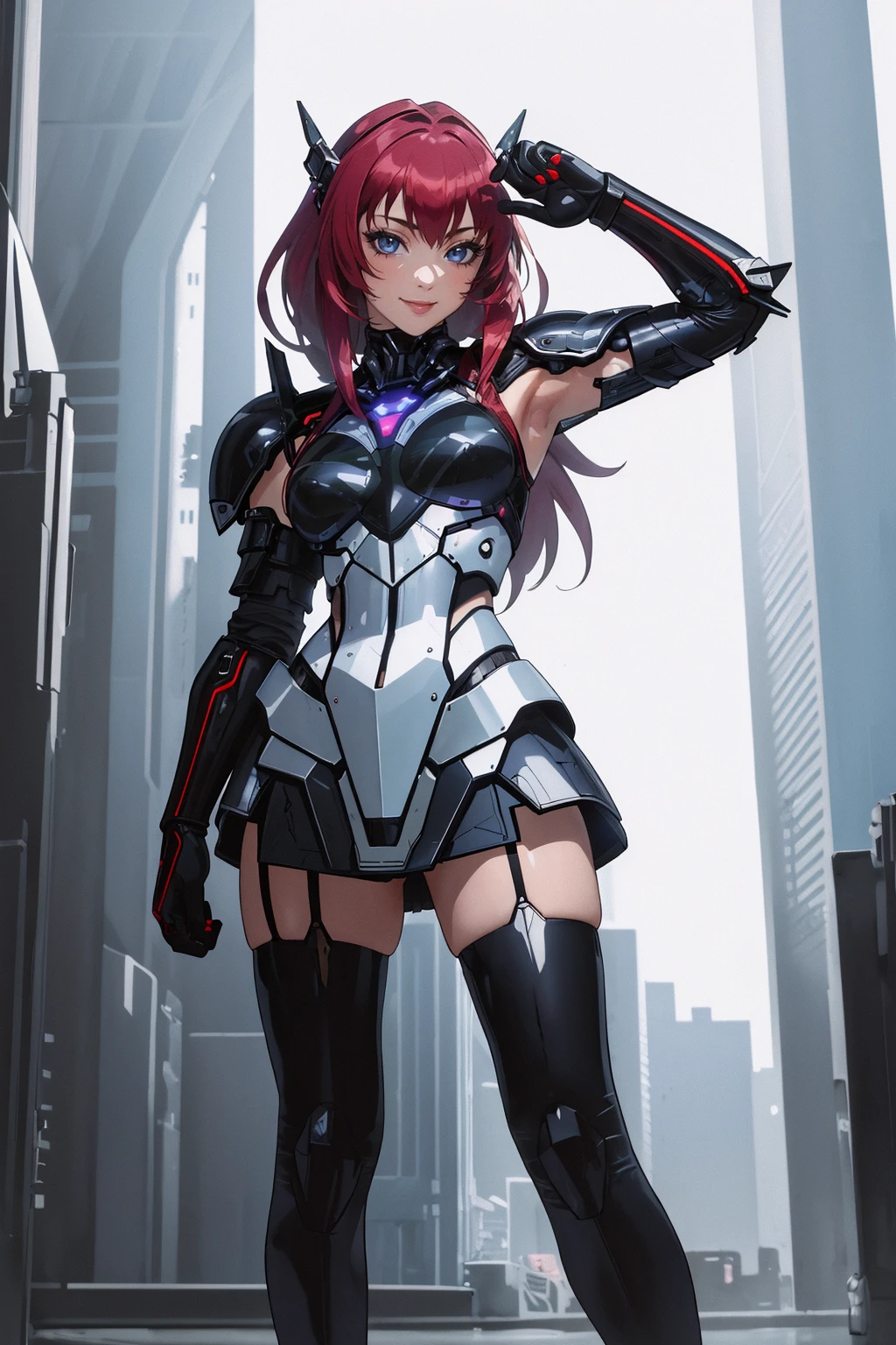 ((masterpiece,best quality,edgQuality)),(smile),1girl,solo,standing,posing,
edgFut_clothing, power armor,electric circuits,elbow gloves,thighhighs,zettai ryouiki ,wearing edgFut_clothing <lora:edgFutursticRediscovery:1>