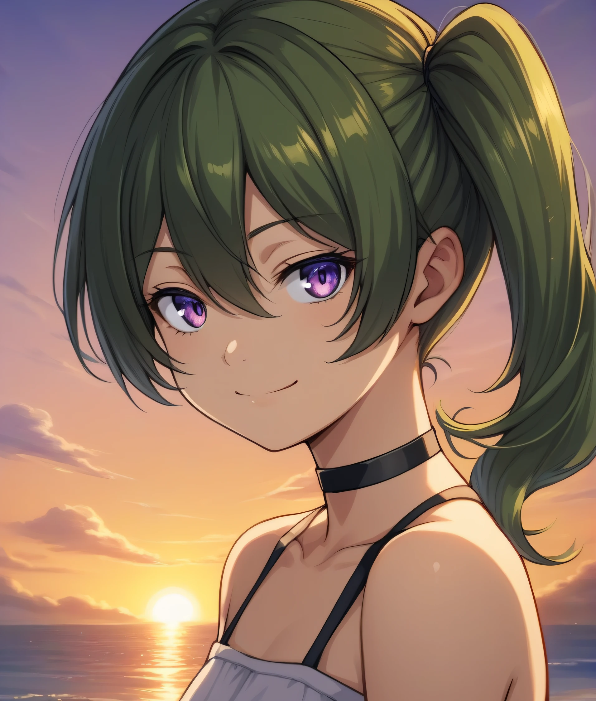 Ubel, 1girl,solo,looking at viewer,smile,green hair,sunset,hair between eyes,bare shoulders,twintails,closed mouth,purple eyes,collarbone,upper body,choker,side ponytail,black choker,portrait, <lora:Ubel:0.7>