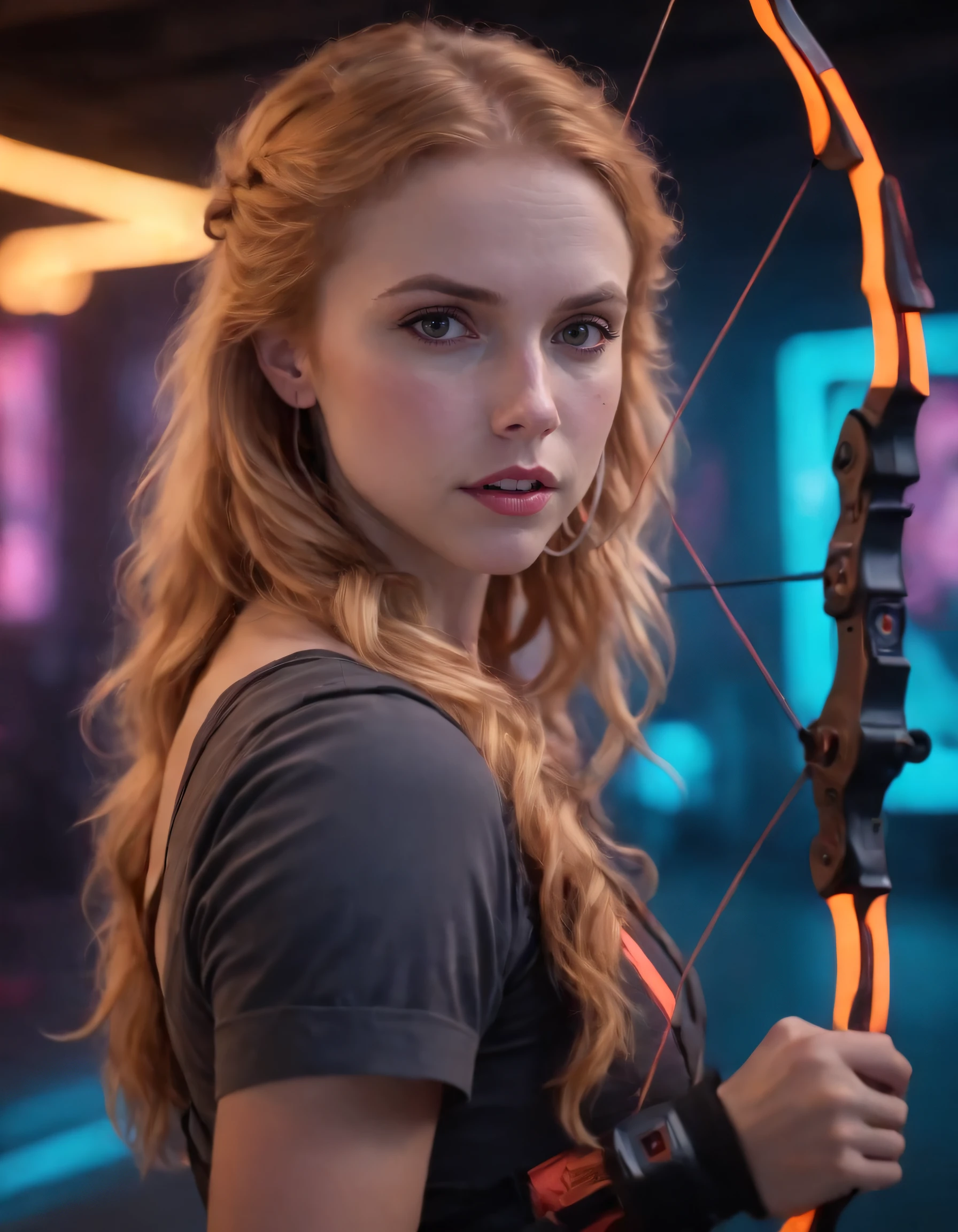Best quality, cinematic photo centered waist up portrait, a young archer woman with fiery blond hair. Her face fills the frame, bathed in neon hues, exuding determination and mystery amidst a futuristic backdrop, 35mm photograph, film, bokeh, professional, 4k, highly detailed. In this scene, Roxy Cook, a spirited and mysterious young archer woman with fiery blond hair, stands center stage in an illuminated, cinematic photo, where the focus is on her waist up portrait - showcasing her determination and strength as she faces the futuristic backdrop. The frame is saturated by neon hues of 4K resolution, highlighting the professional camera's capability to capture this scene in exquisite detail, while simultaneously emphasizing the high-quality bokeh effect that emphasizes Roxy's focus on her target and the beauty of her surroundings. <lora:qvxxlk18e05931fe0h321:1>