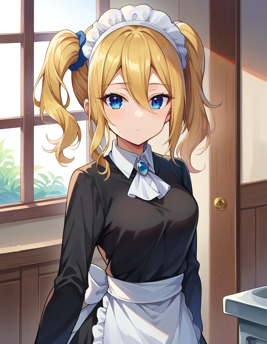 score_9, score_8_up, score_7_up, source_anime,
aihayasaka, <lora:ai-hayasaka-ponyxl-lora-nochekaiser:1>,
ai hayasaka, bangs, blue eyes, blonde hair, hair ornament, hair between eyes, sidelocks, side ponytail, scrunchie, hair scrunchie, blue scrunchie,
shirt, long sleeves, dress, white shirt, collared shirt, apron, maid, maid headdress, ascot, waist apron,
indoors,
looking at viewer, cowboy shot, dutch angle,