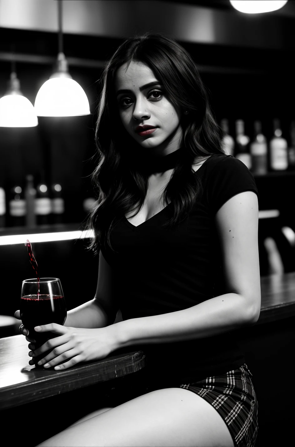 tv_Mandip_Gill_A, , red lips, dramatic makeup, sitting on a stool in a bar, 1930s speakeasy, holding a glass of red wine, mad-sincity, noir, B&W, volumetric smoke in the background, glam,, (((epic-Ultra-HD-details, epic-Ultra-HD-highlights, upscaled-resolution, optimal)))
