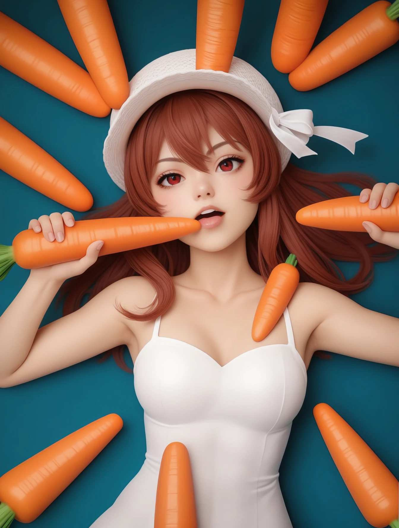 girl with red hair and black catsuit holding a carrot, oppai, thicc, seductive girl, carrot, about to consume you, top rated on pixiv, anya from spy x family, bunny girl, rias gremory, marin kitagawa fanart, ecchi style, hi-fructose, breasts covered and sfw, ecchi