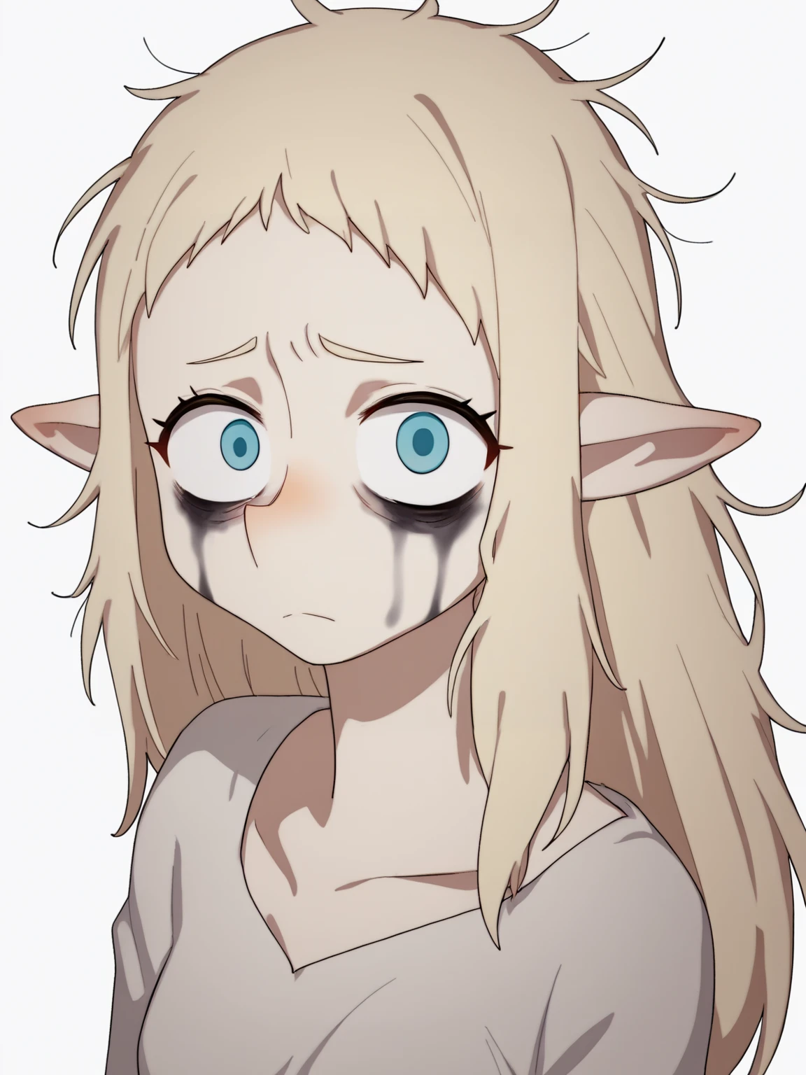 score_9, score_8_up, score_7_up, score_6_up, score_5_up, score_4_up, BREAK, source_cartoon, source_anime,
1girl, bakaradrunk, blonde hair, long hair, blue eyes, pointy ears, bags under eyes, blush, messy hair, runny makeup,
upper body, looking at viewer, solo, simple background, white background <lora:BakaraJurgenXL:1>