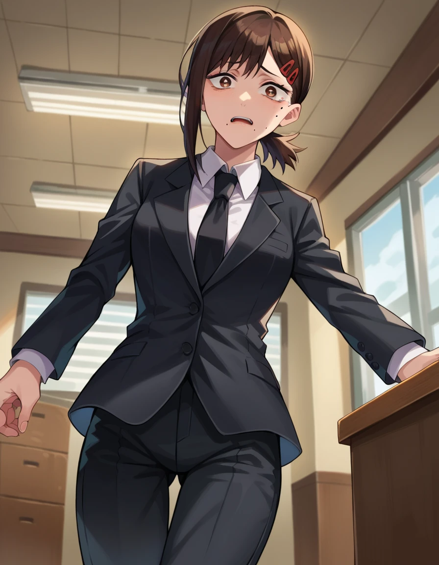 score_9, score_8_up, score_7_up, source_anime,
kobeni-higashiyama, <lora:kobeni-higashiyama-ponyxl-lora-nochekaiser:1>,
kobeni higashiyama, black hair, hair ornament, hairclip, mole, mole under eye, ponytail, short hair, brown eyes,
black necktie, black pants, business suit, formal, long sleeves, necktie, pants, suit,
indoors, office,
looking at viewer, cowboy shot, dutch angle, dynamic pose,