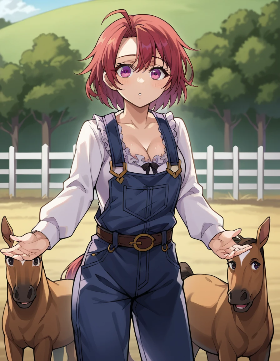 score_9, score_8_up, score_7_up, source_anime,
cowgirl, <lora:cow-girl-ponyxl-lora-nochekaiser:1>,
cow girl, ahoge, red hair, purple eyes, short hair,
cleavage, collarbone, frills, long sleeves, overalls, suspenders,
outdoors, farm, cows, chickens, goats, horse,
looking at viewer, cowboy shot, dynamic pose,