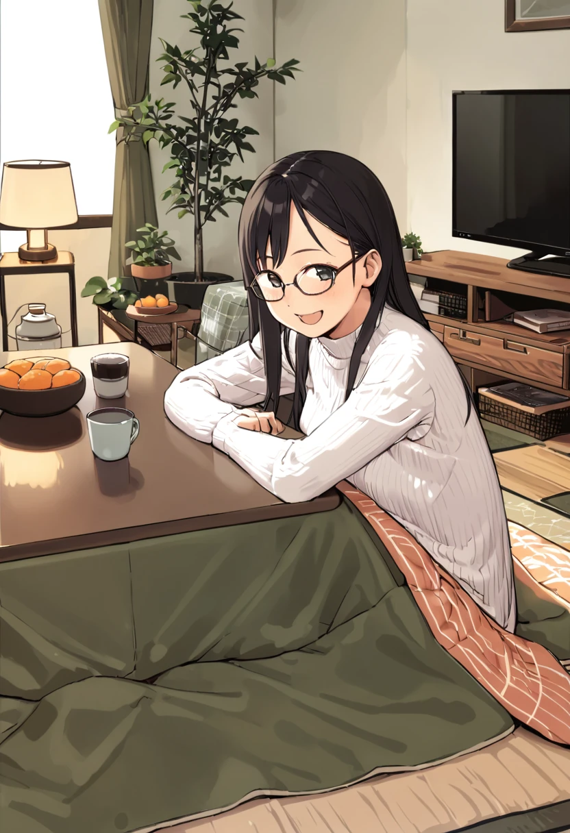 best quality, ultra-detailed, illustration, 
1girl, solo, glasses, black hair, long hair, white ribbed sweater, happy, smile, looking at viewer, open mouth, solo focus, sitting, across table, 
kotatsu, plant, book, scenery, wooden floor, cup, potted plant, indoors, chair, window, curtains, television, orange (fruit), lamp, cup
 <lora:col_xl:0.8> <lora:kotatsu_SDXL_V1:1>