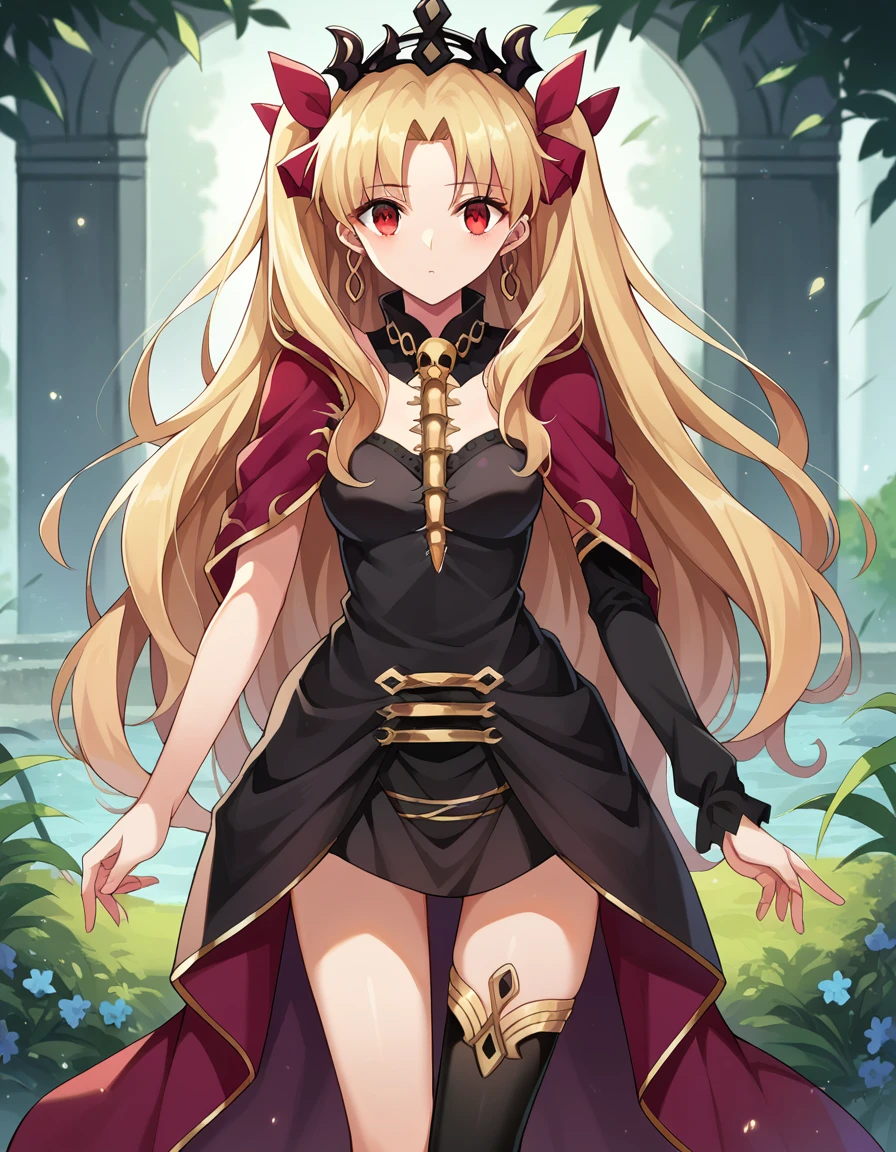 score_9, score_8_up, score_7_up, source_anime,
ereshkigal, <lora:ereshkigal-ponyxl-lora-nochekaiser:1>,
ereshkigal, long hair, blonde hair, very long hair, two side up, tiara, red eyes, ribbon, hair ribbon, red ribbon, parted bangs,
thighhighs, dress, jewelry, earrings, black dress, single thighhigh, asymmetrical legwear, uneven legwear, single sleeve, spine,
outdoors, dessert, oasis,
looking at viewer, cowboy shot,