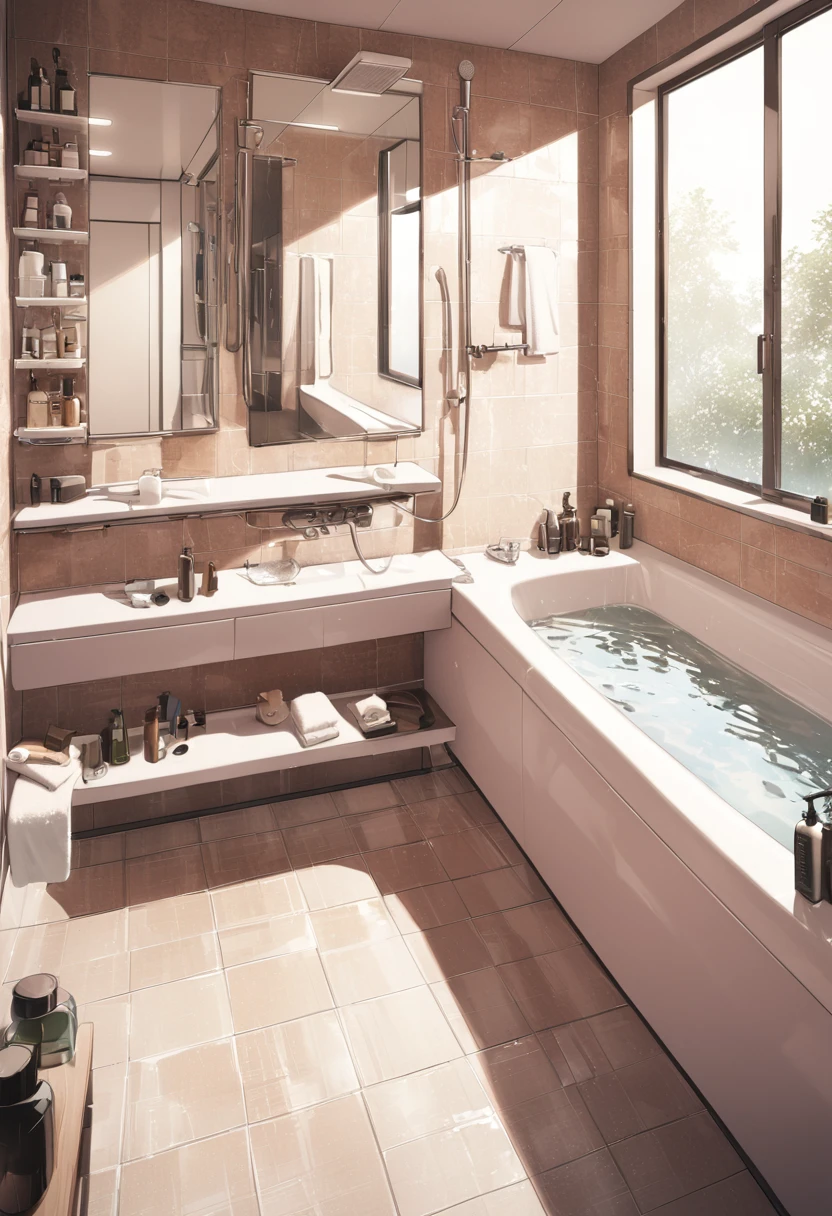 masterpiece, best quality, ultra-detailed, illustration,
JMF, scenery, mirror, bathroom, faucet, indoors, bathtub, soap bottle, reflection, towel, tiles, shower (place), window, tile wall, shower head, bottle, lamp, water,
<lora:JMF_SDXL_V1:0.8>