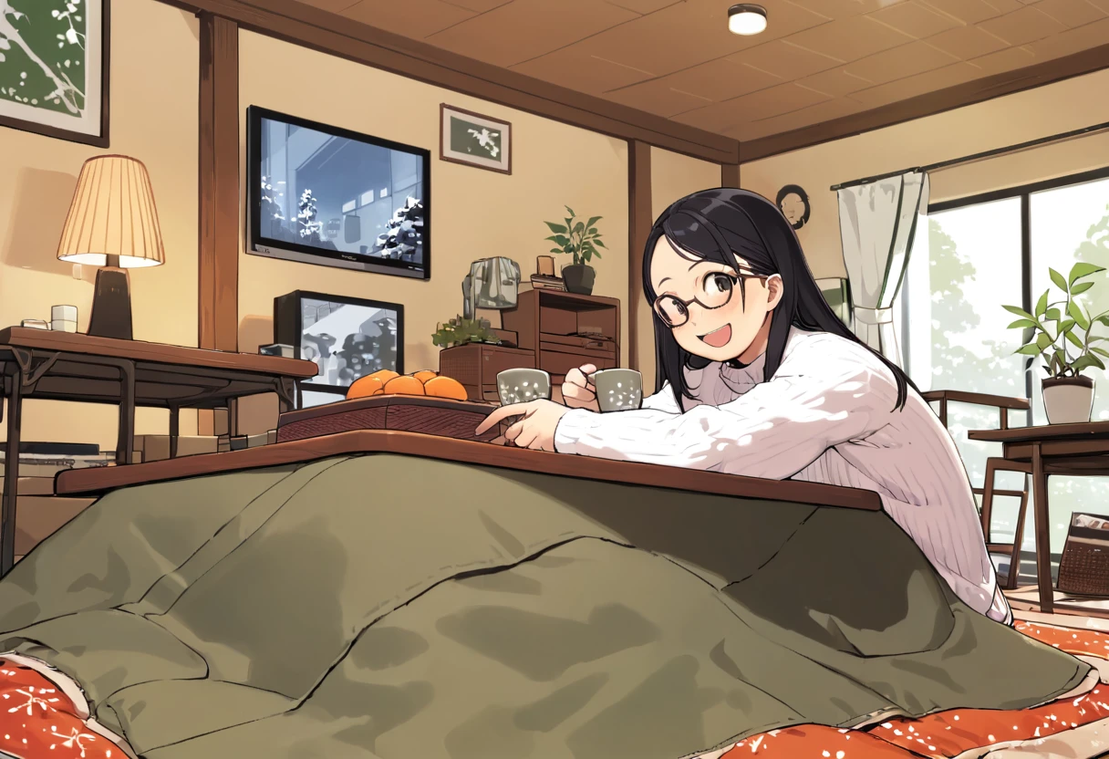 best quality, ultra-detailed, illustration, 
1girl, solo, glasses, black hair, long hair, white ribbed sweater, happy, smile, looking at viewer, open mouth, solo focus, sitting, across table, 
kotatsu, plant, book, scenery, wooden floor, cup, potted plant, indoors, chair, window, curtains, television, orange (fruit), lamp, cup
 <lora:col_xl:0.8> <lora:kotatsu_SDXL_V1:1>