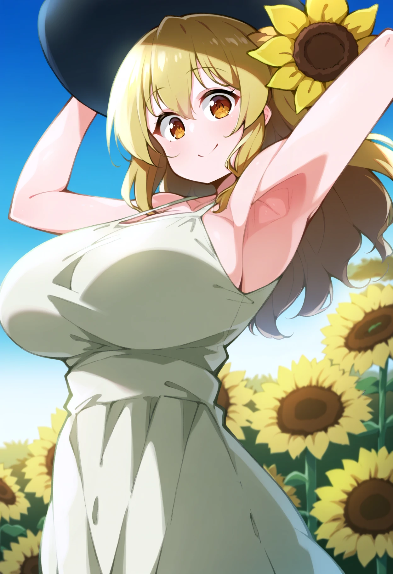 score_9, score_8_up, score_7_up, score_6_up, score_5_up, score_4_up,
simple background, gradient background,
refraction, caustics, rim lights, backlighting, bloom,
BREAK
source_anime, day, outdoors, sky, flower field, sunflower, sunflower field, sunset,
BREAK
1girl, sundress, sunhat, blonde hair, large breasts, see-through silhouette, happy, hair between eyes,
arms up, armpits, light smile,
<lora:Toudori-v1-PDXL:1>