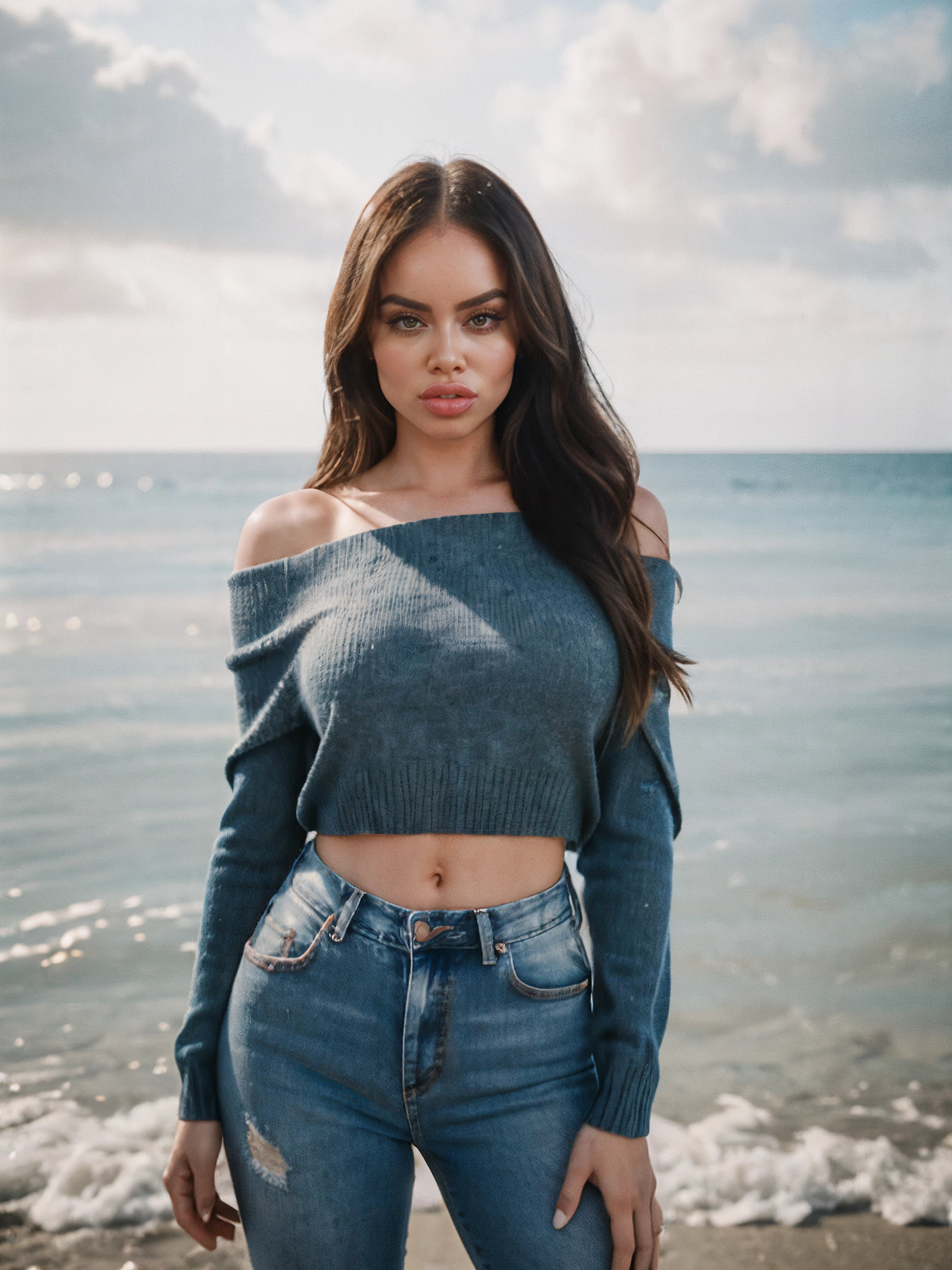 epic35mm, photo of beautiful (block_vicjune:0.99), a beautiful woman, perfect long hair, (upper body shot:1.2), (wearing offshoulder jumper, jeans:1.2), (beach background, overcast:1.2), 70mm, (analog, cinematic, film grain:1.3), ((detailed eyes)), (color picture:1.1), Fujifilm XT3, <lora:epiC35mm:1>