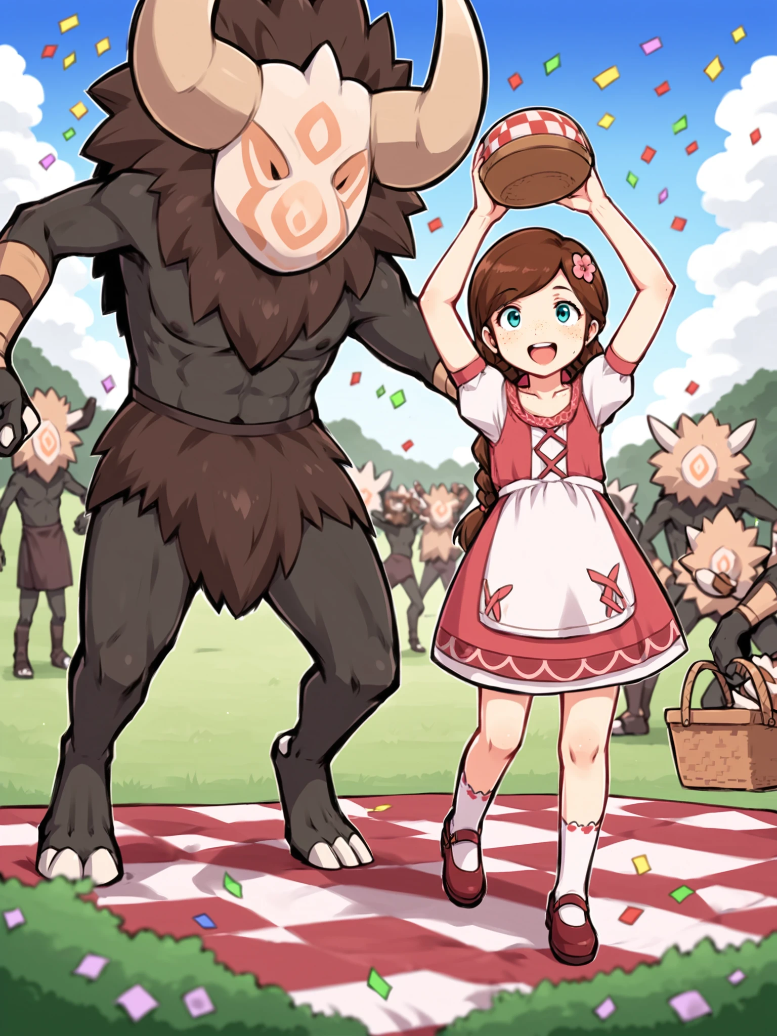 score_9, score_8_up, score_7_up, score_6_up, score_5_up, source_anime BREAK
<lora:Genshin_NPC_EllaMusk_Pony_v1:0.75>, 1girl, 1boy, full body, grassy field, blue sky, trees, (running over a hill:1.5), (hilichurl:1.8), holding hands, teal eyes, brown hair, swept bangs, twin braids, (hair flower, hair ornament:1), collarbone, pink dress, flower pattern, short sleeves, white sleeves, (white apron:1.1), puffy sleeves, white socks, bobby socks, brown footwear, (mary janes:1.5), (freckles on cheeks and nose:1.3), (tareme:1.5), smiling, happy, open mouth, looking at each other, eye contact, (from side:1.5),