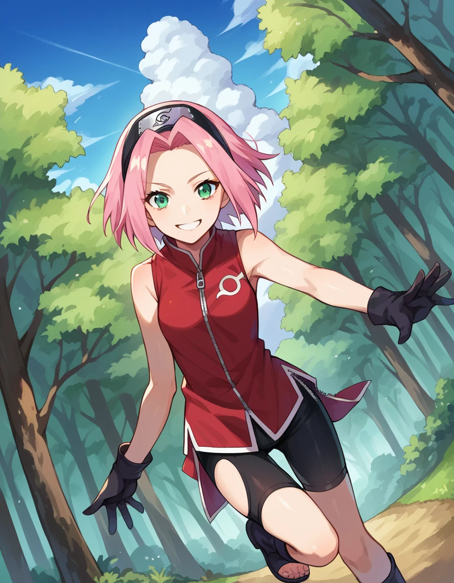 score_9, score_8_up, score_7_up, source_anime,
sakuraharuno, <lora:sakura-haruno-ponyxl-lora-nochekaiser:1>,
sakura haruno, short hair, green eyes, pink hair, parted bangs, hairband, forehead protector,
gloves, green eyes, sleeveless, black gloves, red shirt, zipper, forehead protector, konohagakure symbol, boots, bike shorts, zipper, toeless footwear,
outdoors, forest, nature, sky, sun, clouds,
looking at viewer, cowboy shot, dutch angle,