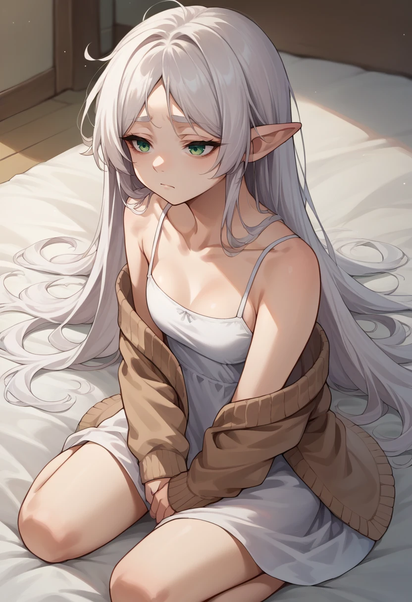 score_9, score_8_up, source_anime, 1girl, solo, FrierenSleepwear, green eyes, white hair, long hair, messy hair, white dress, spaghetti straps, sleeveless dress, brown cardigan, seiza, kneeling, on bed, tired, <lora:ChamFrierenPonyXL:1>