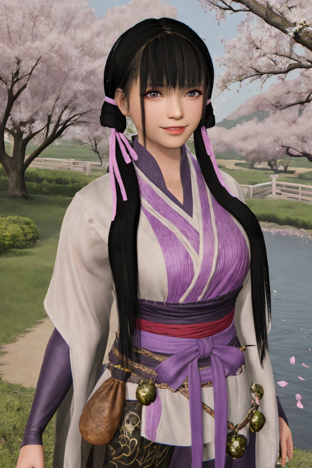 best quality, masterpiece, highres, detailed face, detailed eyes,
ultra details, (cowboy shot:1.2), facing viewer, outdoors, chinese architecture, peach tree, falling petals, lake,
1girl, suqingli, solo, black hair, long hair, low twintails, blunt bangs, parted lips, smile,
hanfu, hair ribbon, grey wide sleeves, gauntlets, purple bow, pouch, fine drawn hands,
<lora:suqingli v5:0.7>