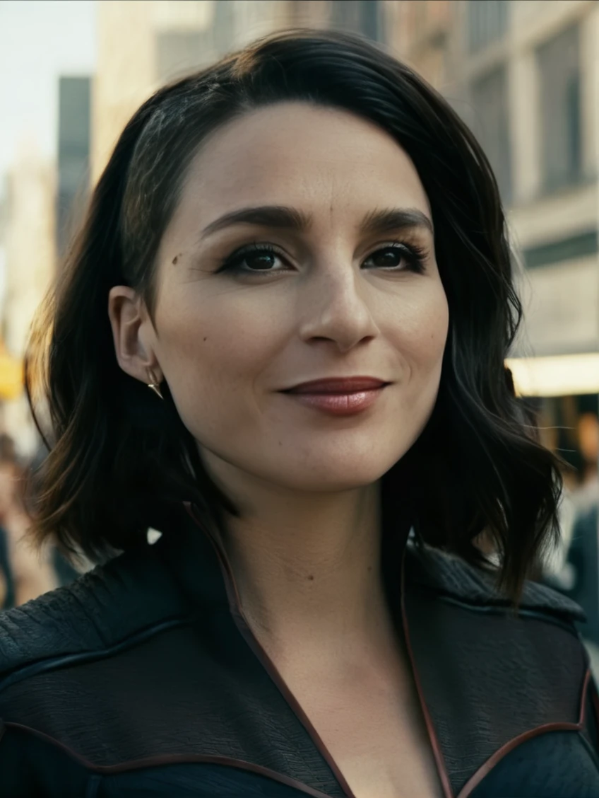 a beautiful picture of st0rmfr0nt, <lora:st0rmfr0nt:1> detailed skin texture,masterpiece, photorealistic, woman, 4k, backlighting, light, RAW color photo,(fully in frame:1.1), (blush:0.5), (goosebumps:0.5),brunette, detailed face,wearing a black costume,city streets,subtle smile