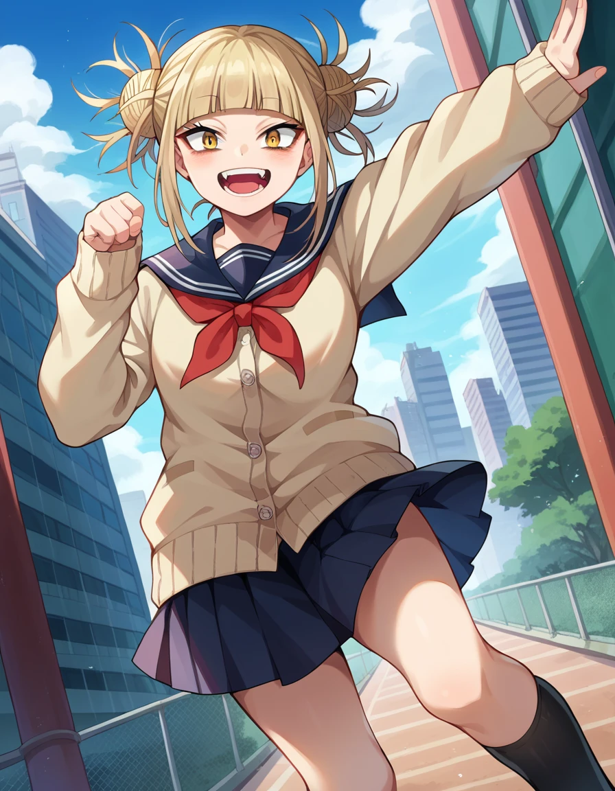 score_9, score_8_up, score_7_up, source_anime,
himikotoga, <lora:himiko-toga-ponyxl-lora-nochekaiser:1>,
himiko toga, bangs, blonde hair, yellow eyes, blunt bangs, hair bun, double bun, messy hair, smile, open mouth,
skirt, long sleeves, school uniform, pleated skirt, shoes, serafuku, socks, sailor collar, blue skirt, neckerchief, kneehighs, brown footwear, cardigan, black socks, loafers, red neckerchief, yellow cardigan,
outdoors, cityscape,
looking at viewer, cowboy shot, dutch angle, dynamic pose,