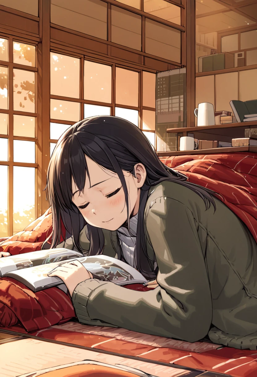 best quality, ultra-detailed, illustration, 
kotatsu, 1girl, book, solo, long hair, black hair, indoors, closed eyes, lying, cup, open book, window, long sleeves, blanket, 
 <lora:col_xl:0.8> <lora:kotatsu_SDXL_V1:1>