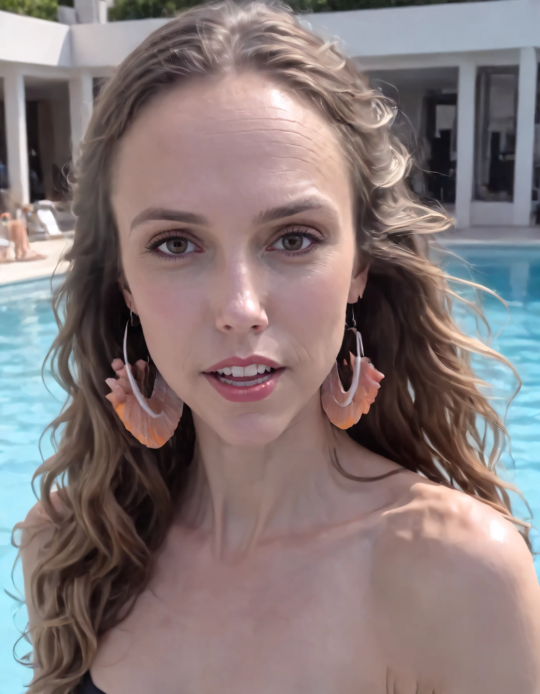 woman, upper body in frame. Roxy Cook, a captivating woman with long hair, confidently showcased her strong and elegant upper body as she gracefully swam laps at the pool, the sun glistening off her wet skin, highlighting every curve and movement. <lora:vjourn18e0586f48ek301:1>