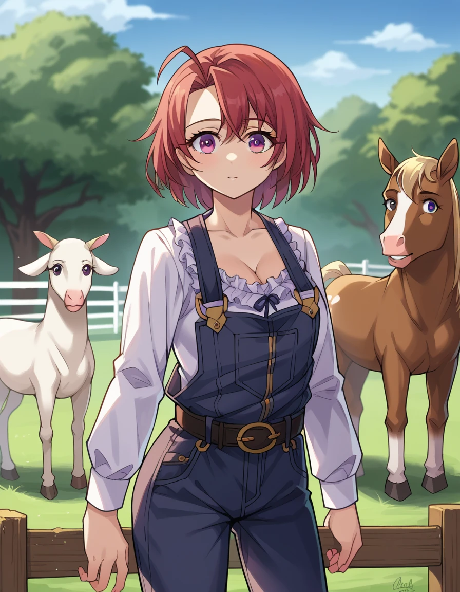 score_9, score_8_up, score_7_up, source_anime,
cowgirl, <lora:cow-girl-ponyxl-lora-nochekaiser:1>,
cow girl, ahoge, red hair, purple eyes, short hair,
cleavage, collarbone, frills, long sleeves, overalls, suspenders,
outdoors, farm, cows, chickens, goats, horse,
looking at viewer, cowboy shot, dynamic pose,
