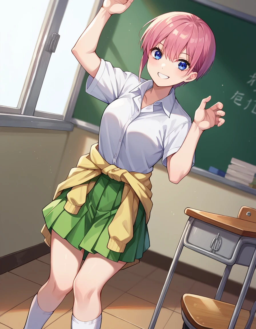 score_9, score_8_up, score_7_up, source_anime,
ichikanakano, <lora:ichika-nakano-pruned-ponyxl-lora-nochekaiser:1>, 
ichika nakano, short hair, bangs, blue eyes, hair between eyes, pink hair, pixie cut, smile,
skirt, shirt, school uniform, white shirt, short sleeves, pleated skirt, shoes, socks, collared shirt, black footwear, sweater, white socks, green skirt, loafers, clothes around waist,
indoors, classroom, 
looking at viewer, cowboy shot, dynamic pose, dutch angle,