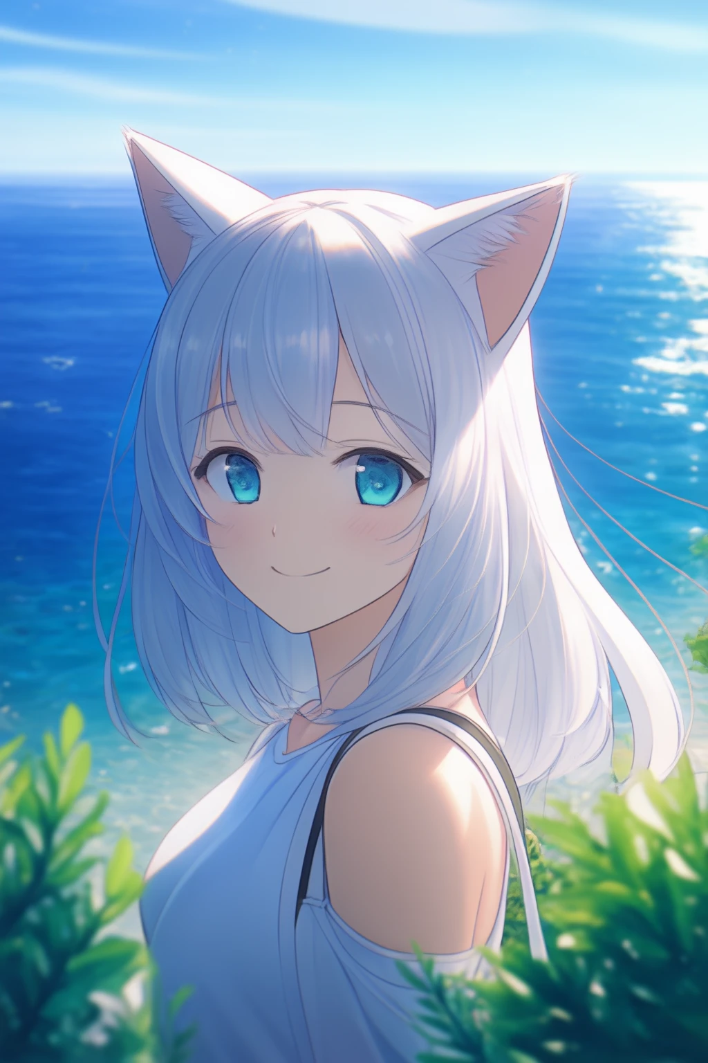 (extremely aesthetic, best quality, newest), 1girl, solo, depth of field, rim lighting, ocean, marine vegetation, scenery, scenery, cat ears, light smile, looking at viewer, pov,