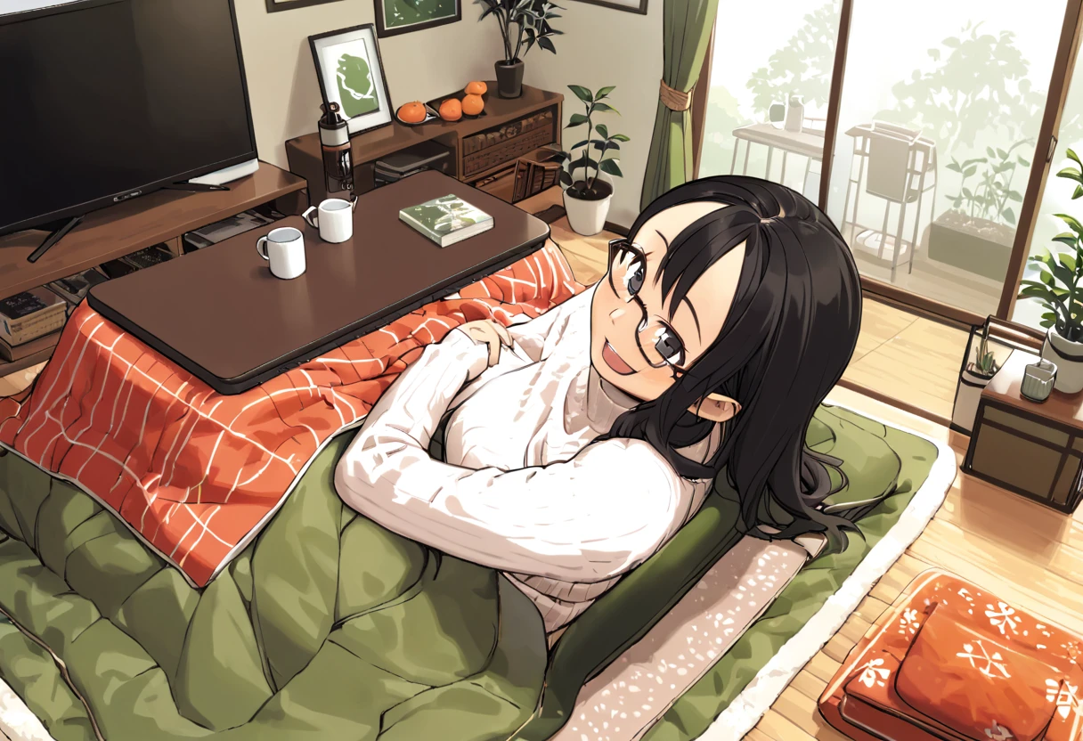 best quality, ultra-detailed, illustration, 
1girl, solo, glasses, black hair, long hair, white ribbed sweater, happy, smile, looking at viewer, open mouth, solo focus, sitting, across table, 
kotatsu, plant, book, scenery, wooden floor, cup, potted plant, indoors, chair, window, curtains, television, orange (fruit), lamp, cup
 <lora:col_xl:0.8> <lora:kotatsu_SDXL_V1:1>