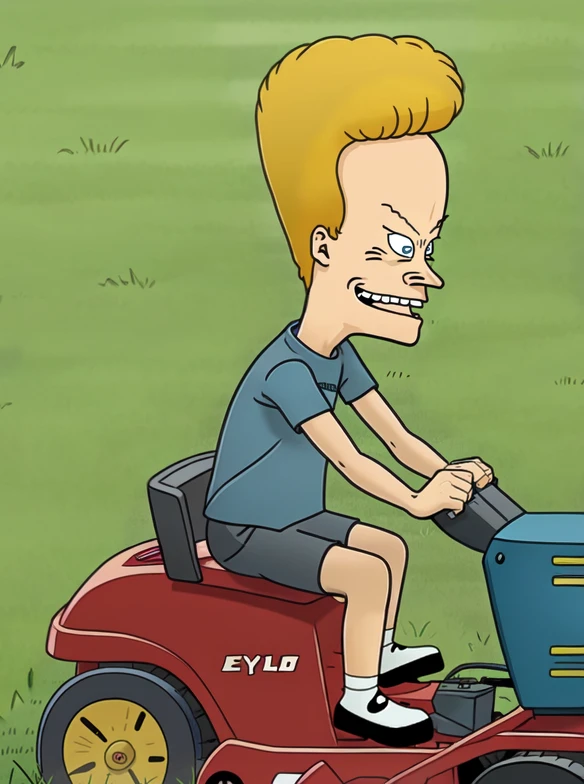 <lora:Beavis_and_Butthead-000013:0.9>, solo, <lora:boldline:0.2>, beavis, smile, black dots for eyes, grey shorts, darkblue shirt, disgusted look, riding a lawnmower, cartoon colours, 2d flat colours, grass blades
