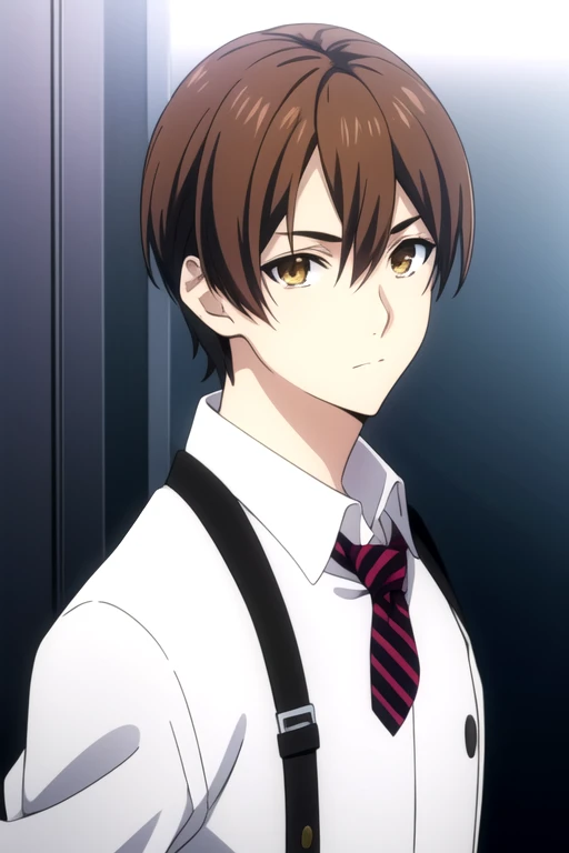 masterpiece, best quality, , 1boy, male focus, gold eyes, ash brown hair, chinos,, solo, looking at viewer, upper body, depth of field, , realistic, science fiction noir, , <lora:shokugeki_no_souma_style:0.96>, shokugeki_no_souma_style