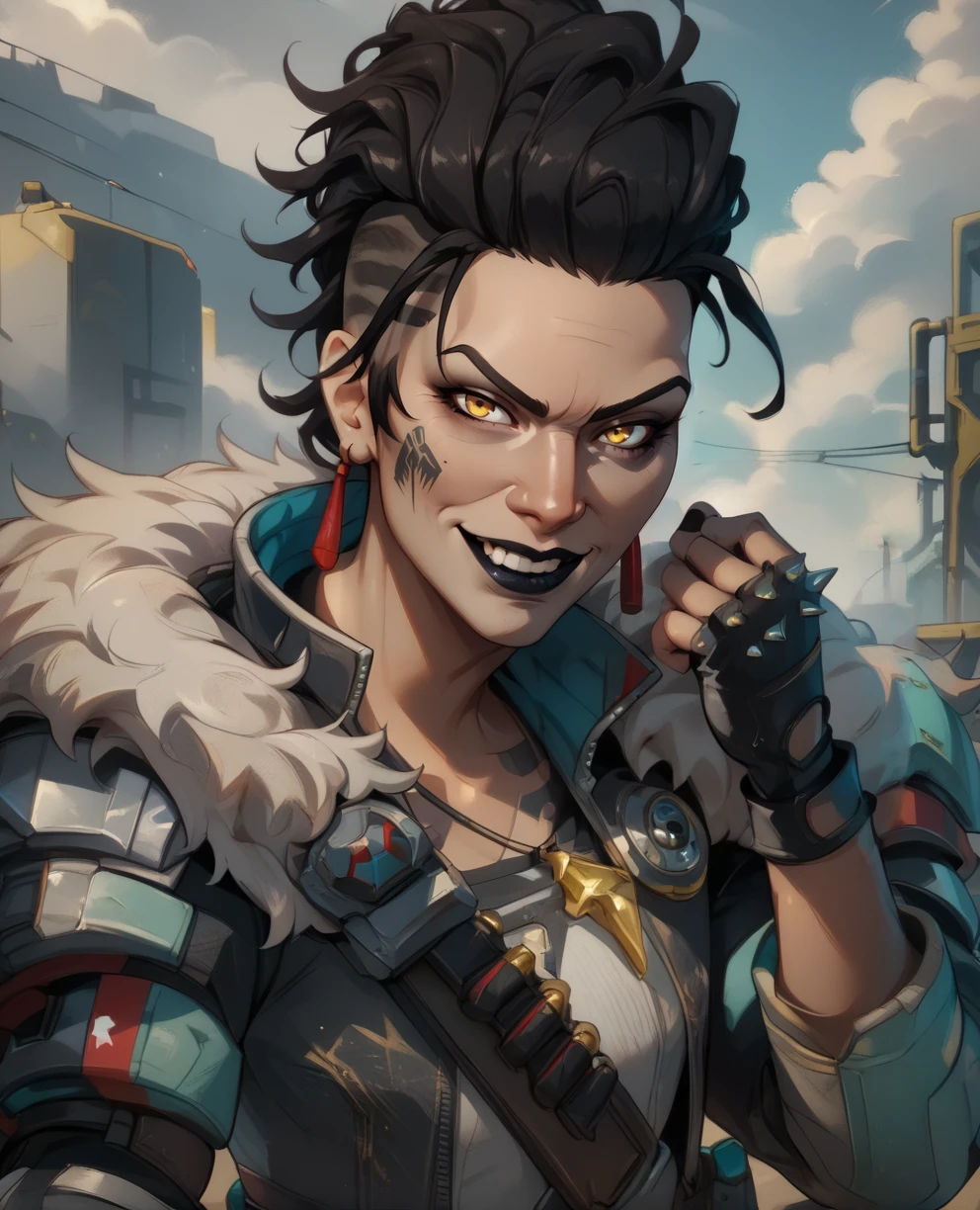 score_9,score_8_up,score_7_up,score_6_up,
MadMaggie,hair slicked back,yellow eyes,right facial tattoo,black hair,
standing,black lips,looking at viewer,smug,smile, spiked fingerless gloves,pants, 
black jacket,white shirt,red earrings,fur trim,necklace,clenched hands,
science fiction,outdoors,badlands,
<lora:MadMaggie:1>,mid_shot,