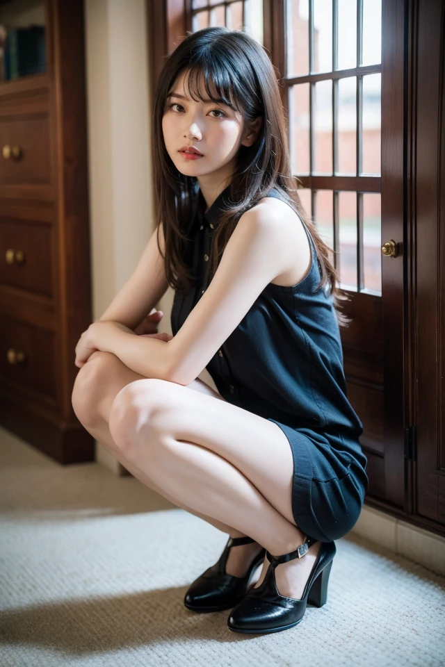 1girl,solo,looking at viewer,skirt,high heels,black hair,sitting,sleeveless,black footwear,looking at viewer,long hair,shirt,blue shirt,indoors,brown skirt,full body,bangs,sleeveless shirt,window,
best quality,masterpiece,illustration,an extremely delicate and beautiful,CG,unity,8k wallpaper,Amazing,finely detail,masterpiece,official art,extremely detailed CG unity 8k wallpaper,incredibly absurdres,huge filesize,ultra-detailed,highres,extremely detailed,beautiful detailed girl,realistic,light contrast,<lora:Yokoyama Yui:0.8>,