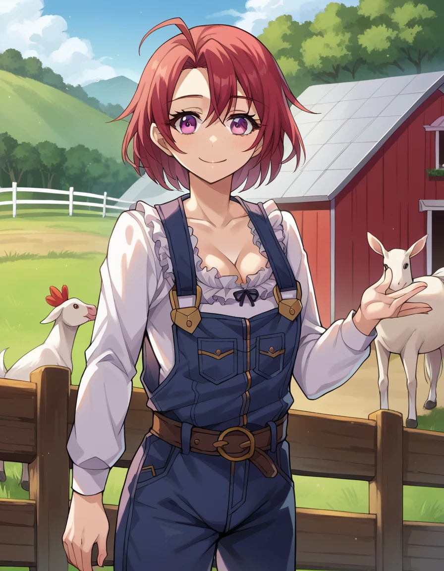 score_9, score_8_up, score_7_up, source_anime,
cowgirl, <lora:cow-girl-ponyxl-lora-nochekaiser:1>,
cow girl, ahoge, red hair, purple eyes, short hair, smile,
cleavage, collarbone, frills, long sleeves, overalls, suspenders,
outdoors, farm, cows, chickens, goats, horse,
looking at viewer, cowboy shot, dynamic pose,