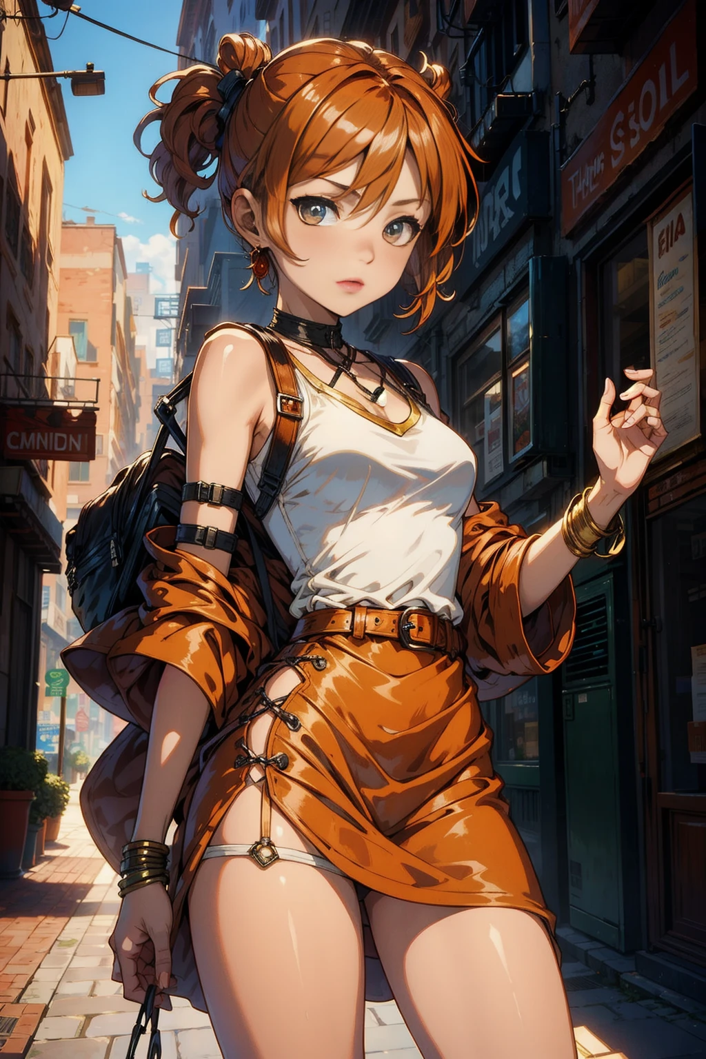 <lora:TerracottaWorld:1> (TerracottaWorld:1.1) 1woman (chibi:1.2) (skinny :1.2) dress on (cyber city :1.1)