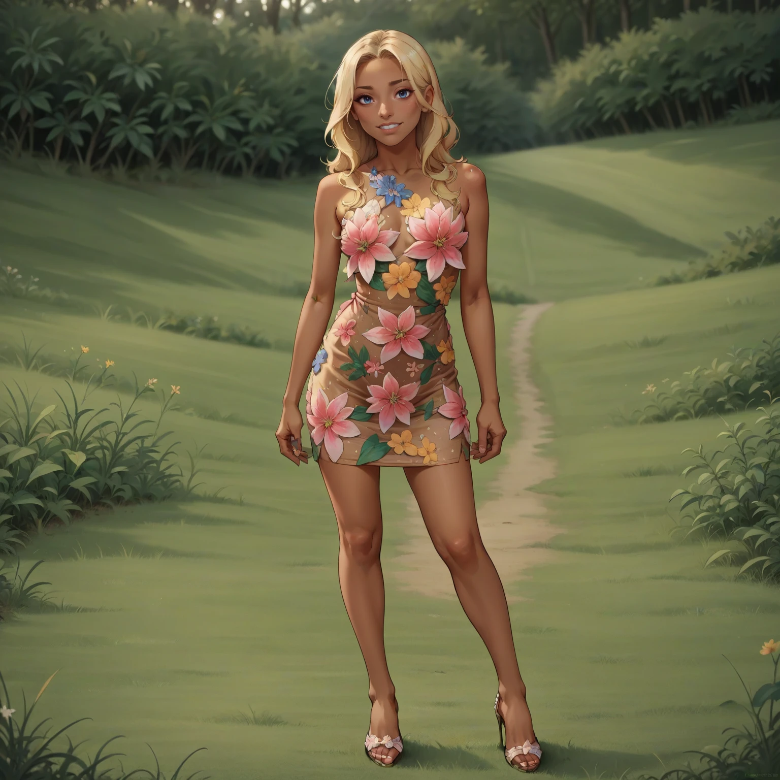 score_9. score_8_up, score_7_up, score_6_up, score_5_up, score_4_up, source_anime, front view, woman, smile, fl0r4l_1, floral dress, stiletto high heels, best quality, high detail, high quality, high res, 4k,eyeliner, pouty lips, dark skin, blonde hair,  blue eyes, detailed skin texture, <lora:Floral_dress_pony_9:0.5>, dramatic, cinematic, best quality, open field, sunset