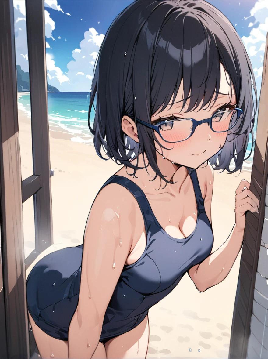 masterpiece, best quality,
KK-70, blue one-piece swimsuit,
1girl, solo, glasses, black hair, long hair, bob cut, medium breasts, shy smile, blush, looking at viewer, standing, beach, summer sky, cloud, wet, wet hair, showering,
<lora:sukumizu_KK-70_SDXL_V1:1>